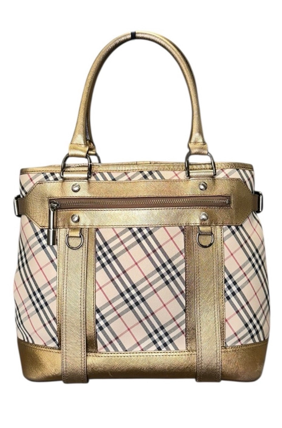 Preloved Burberry Nova Check Tote with Gold Metallic Leather Trim 00082026OPUL