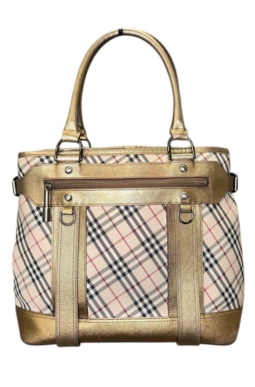 Preloved Burberry Nova Check Tote with Gold Metallic Leather Trim 00082026OPUL