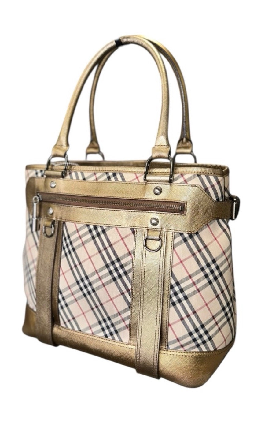 Preloved Burberry Nova Check Tote with Gold Metallic Leather Trim 00082026OPUL