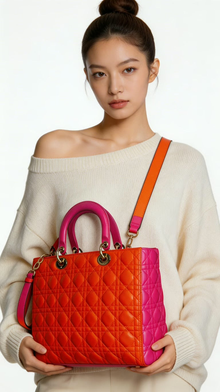 Preloved Christian Dior Cannage Quilted Tote bag in Lambskin Leather, Large (Two-tone Pattern)