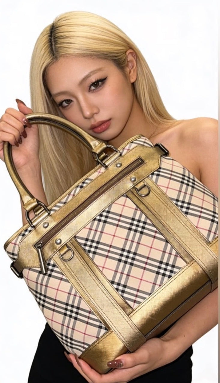 Preloved Burberry Nova Check Tote with Gold Metallic Leather Trim 00082026OPUL