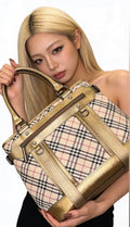 Preloved Burberry Nova Check Tote with Gold Metallic Leather Trim 00082026OPUL