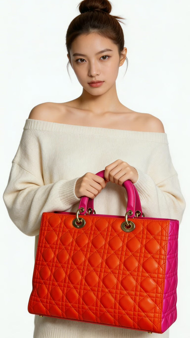 Preloved Christian Dior Cannage Quilted Tote bag in Lambskin Leather, Large (Two-tone Pattern)