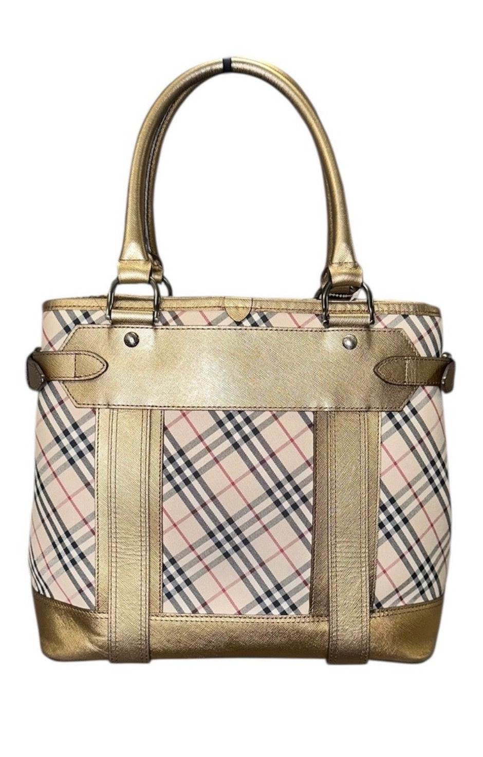 Preloved Burberry Nova Check Tote with Gold Metallic Leather Trim 00082026OPUL