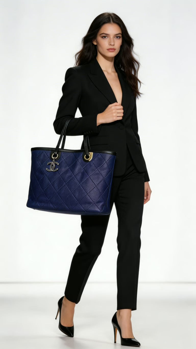 Preloved Chanel Shopping Fever Tote with Pouch Included in Electric Blue Caviar Leather 00222026OPUL