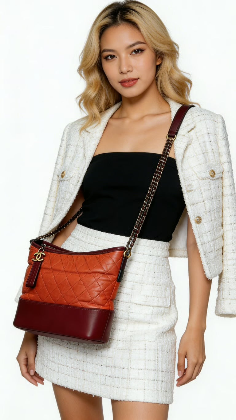 Preloved Chanel Gabrielle in Dark Salmon and Bordeaux Lambskin Leather, Medium 00192026OPUL