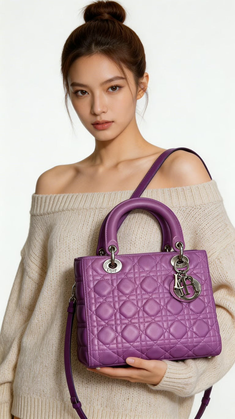 Preloved Christian Dior’s Lady Dior Purple Cannage Quilted Lambskin Leather, Medium 00262026OPUL