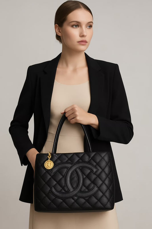 Preloved Chanel CC Black Quilted Caviar Medallion Tote Bag 00192025OPUL