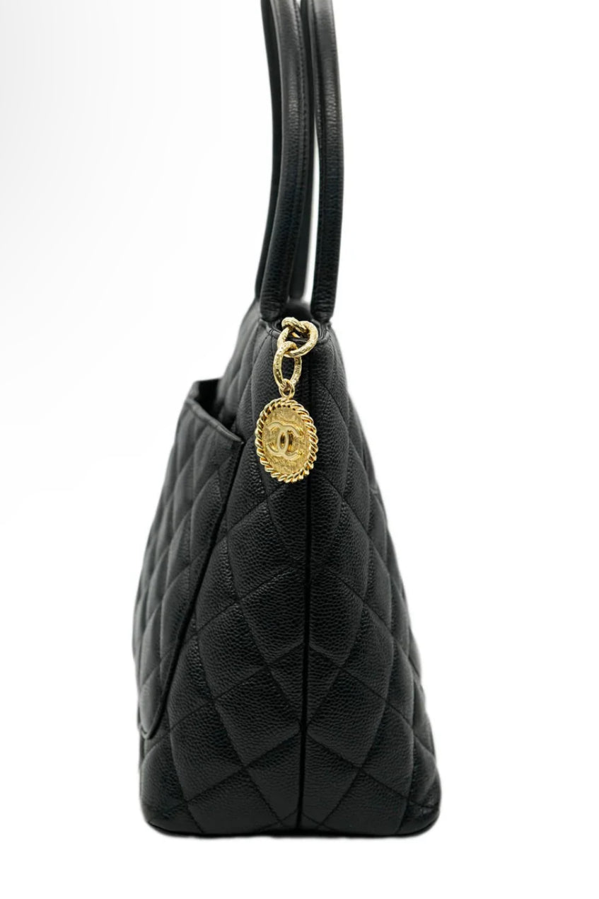 Preloved Chanel CC Black Quilted Caviar Medallion Tote Bag 00192025OPUL