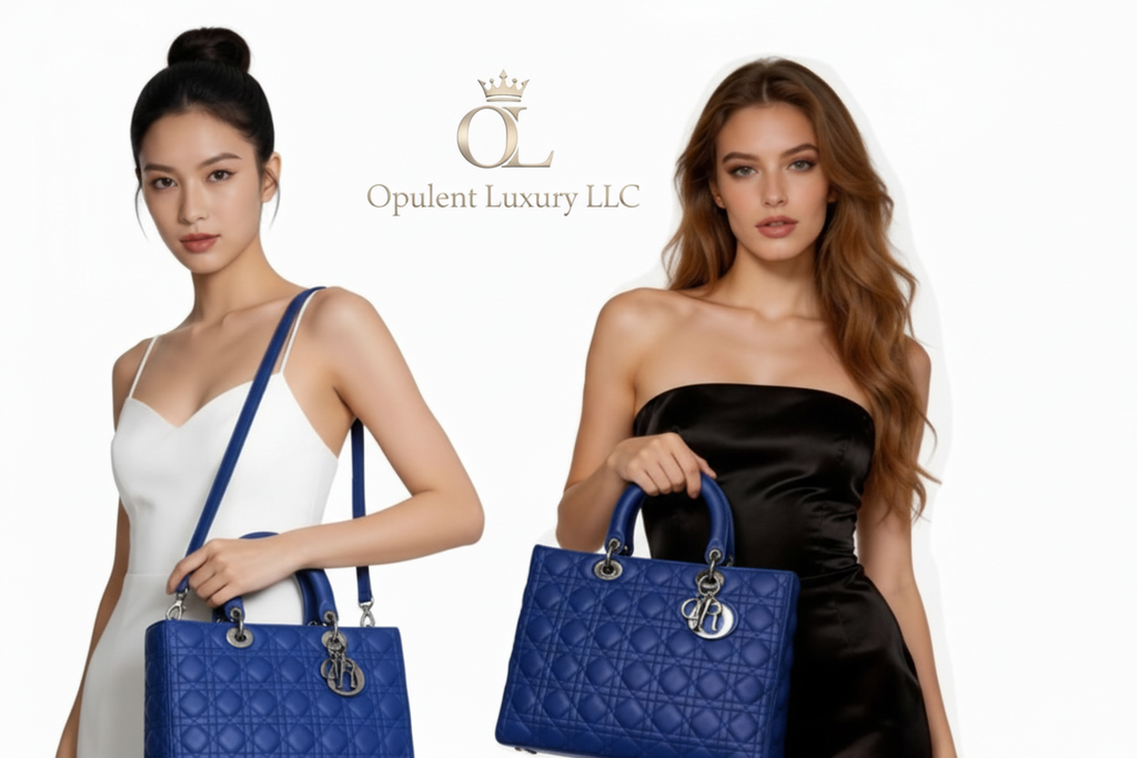 Two women holding blue handbags with a brand logo, one in white and the other in black.