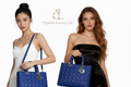 Two women holding blue handbags with a brand logo, one in white and the other in black.