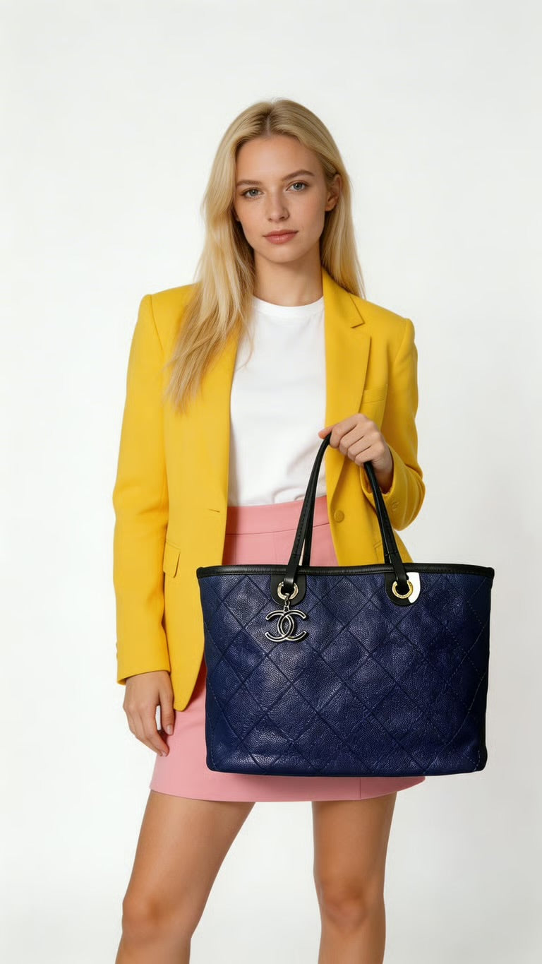 Preloved Chanel Shopping Fever Tote with Pouch Included in Electric Blue Caviar Leather 00222026OPUL