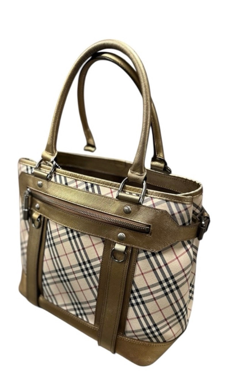 Preloved Burberry Nova Check Tote with Gold Metallic Leather Trim 00082026OPUL